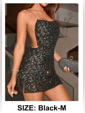 SHEIN Black Sparkle Backless Sequin Mini Dress